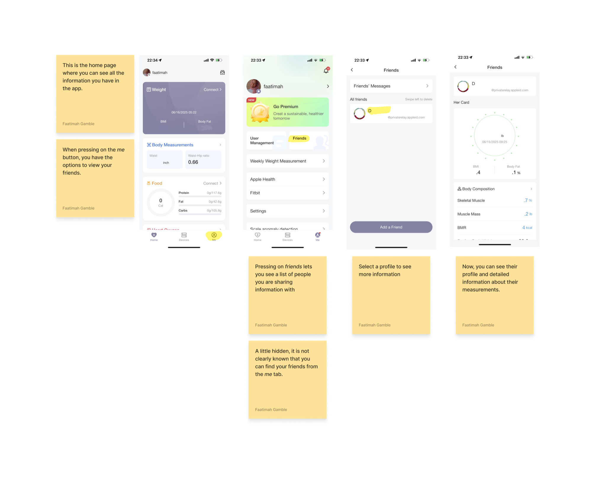 Competitive analysis of a health-tracking app&rsquo;s friends and profile-sharing screens, annotated with sticky notes