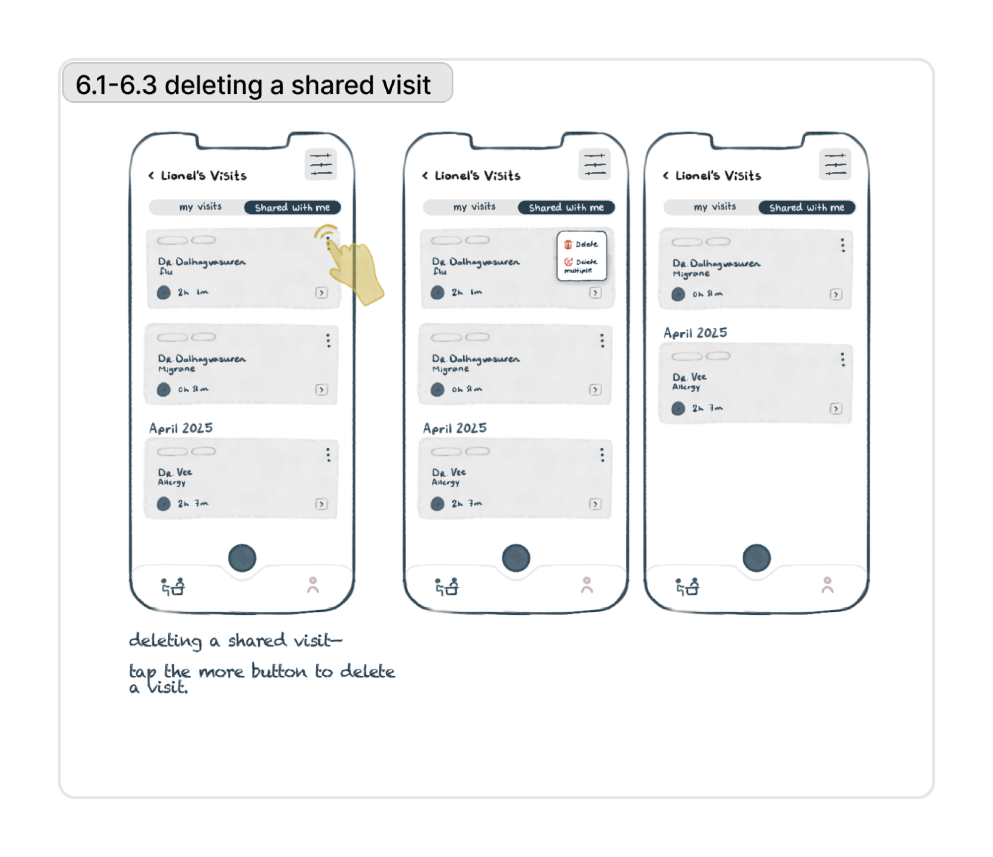 Deleting a shared visit from the more menu