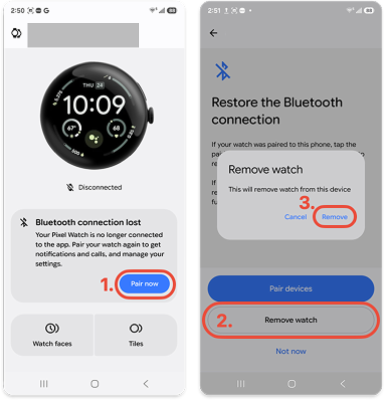 An annotated SOP: two phone screens marked with numbered red callouts showing how to re-pair a watch